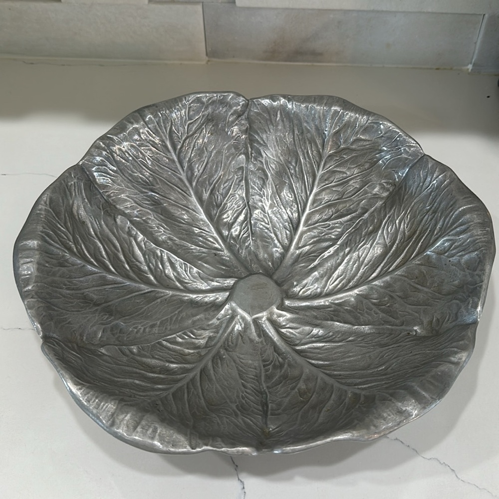 Vintage Bruce Fox Design Heavy Pewter Large Cabbage Leaf Serving Bowl EUC